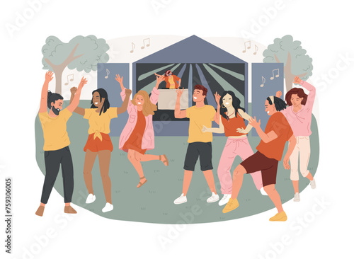 Open air party isolated concept vector illustration. Open air event, dance outdoor, summer music festival, enjoying concert, crowd of people, night party, live performance vector concept.