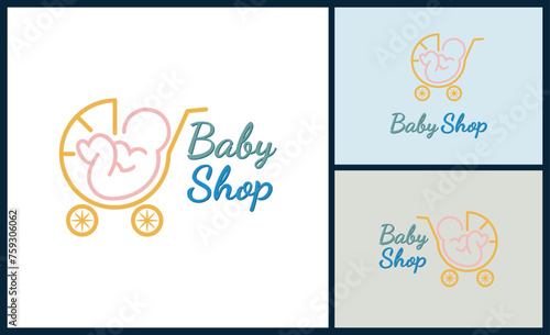 Baby shop cart shopping line style logo design template for brand or company and other