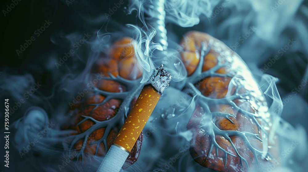 Smoking cigarette butt in human lungs, smoke addiction concept - obrazy, fototapety, plakaty 