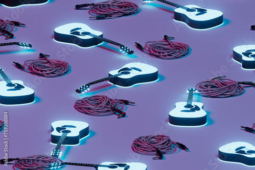 many acoustic guitars and cables photo