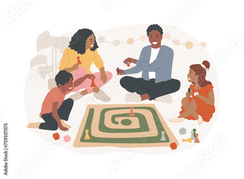 Board games isolated concept vector illustration. Tabletop activities, strategic gaming, stay at home gamers, social isolation free time spending, family fun activity idea vector concept.