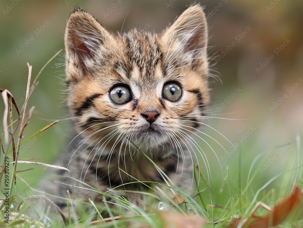 cute cat peeking out from behind the bushes, with big eyes and soft fur. The background is lush greenery, creating an adorable scene of feline curiosity