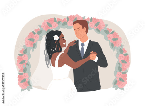 Mixed marriage isolated concept vector illustration. Interracial marriage, different races and religions, happy multiracial family, mixed couple, wedding day rings, traditional vector concept.