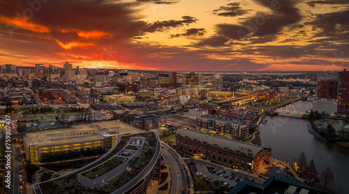 Wilmington Delaware with colorful dramatic sunset sky