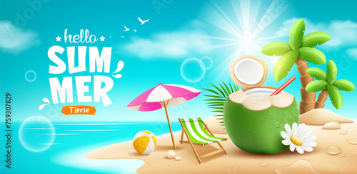 Coconuts fruit fresh and flower, beach umbrella, beach bed, summer holiday, coconut tree, pile of sand, on island beach background, EPS 10 vector illustration
