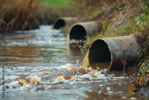 Pipes dump dirty water into rivers lakes, water pollution by waste products