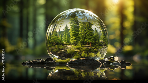 透明なガラスの球体に映る自然の風景