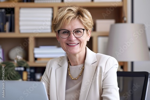 Smiling mid aged business woman in office looking at laptop computer