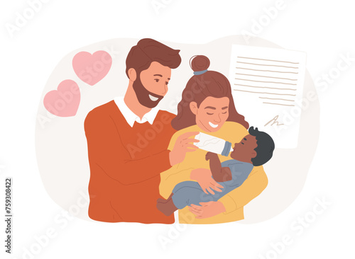 Adoption of a child isolated concept vector illustration. Child parenting, orphanage, adoptive parents, happy interracial family, single parent, african kid, same sex couple vector concept.