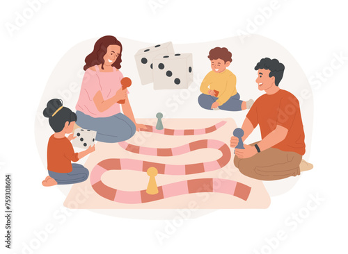 Board games isolated concept vector illustration. Tabletop activities, strategic gaming, stay at home gamers, social isolation free time spending, family fun activity idea vector concept.