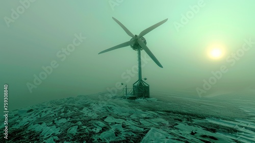 a wind turbine sitting on top of a snow covered hill next to a forest filled with trees and snow covered ground. photo