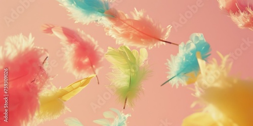 Colorful feathers flying in the air. Generative AI.