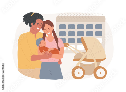 Parental leave isolated concept vector illustration. Family maternity paternity leave, happy family, take care of baby, mother and newborn child, father walking playing with son vector concept.