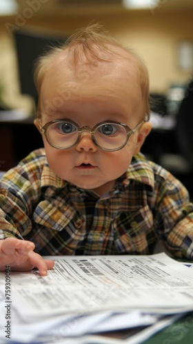 A baby wearing glasses and looking at paperwork. Generative AI.