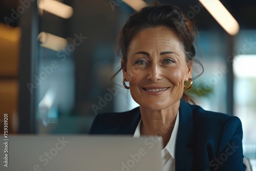Smiling mid aged business woman in office looking at laptop computer