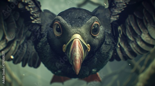 a close up of a bird with large wings and a beak with a large amount of wrinkles on it's face.