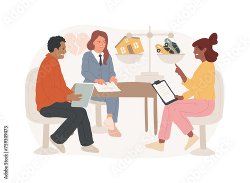 Divorce lawyer service isolated concept vector illustration. Family lawyer, divorce process, legal service consultation, law firm aid, child support, life estate deeds advice vector concept.