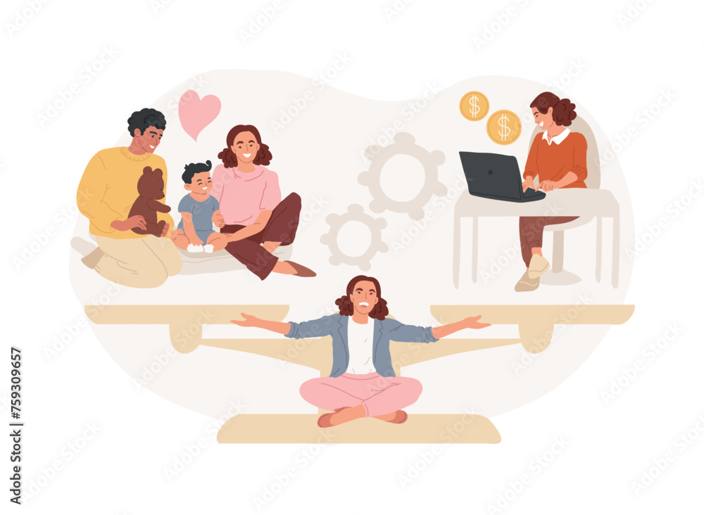 Fototapeta premium Balancing work and family isolated concept vector illustration. Work and life balance, happy family, mom doing business, dad at home, kids at office, time management, freelance vector concept.