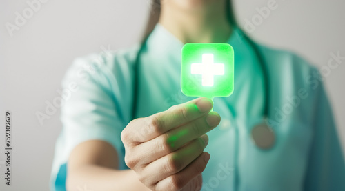 Double exposure of healthcare And Medicine concept. Doctor and modern virtual screen interface icons, blurred background.