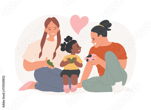 Caring adoptive fathers isolated concept vector illustration. Foster care, father in adoption, happy interracial family, having fun, together at home, childless couple vector concept.