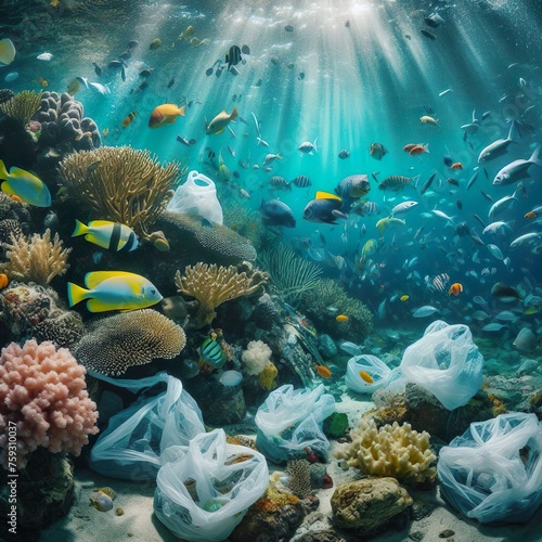 Plastic bag under the sea.