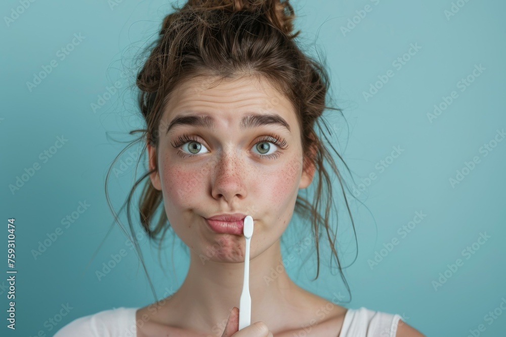 A woman with a toothbrush in her mouth and a blue background. Generative AI. A woman with a toothbrush in her mouth and a blue background. Generative AI.