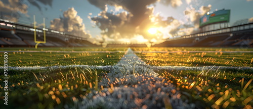 Lifelike American football field Scenic railway, winds through a green meadow under a blue summer sky