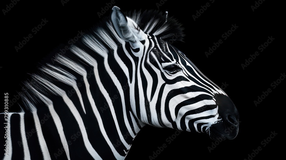 a close up of a zebra's head on a black background with the light shining on the zebra's head.
