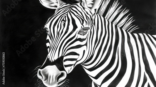 a black and white drawing of a zebra with its head turned to the right and the other side of the zebra's face to the left. © Olga