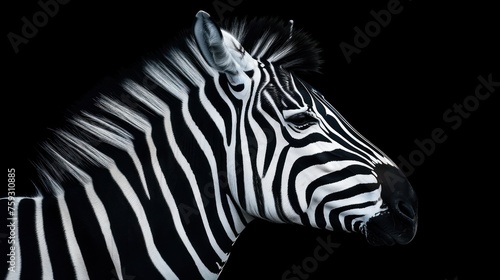 a close up of a zebra's head on a black background with the light shining on the zebra's head. © Olga