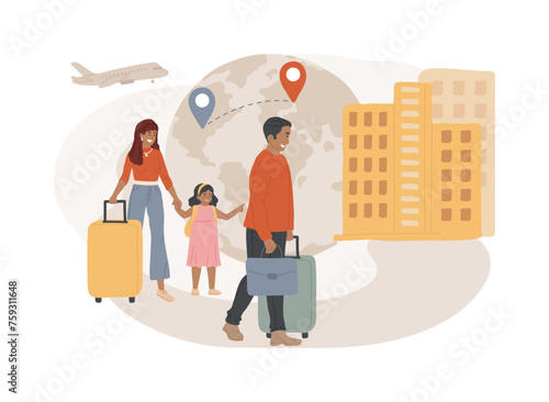 Immigration isolated concept vector illustration. International movement of people, residence permit, working visa, boarding control, sign documents, passport, green card vector concept.