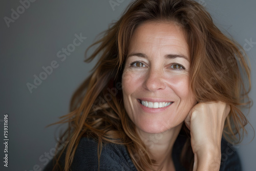 A woman with long brown hair is smiling with her hand on her chin