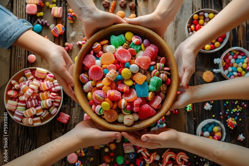 photo of top view from above, group hands hold big bowl with colorful candies and sweets on table full of different candy