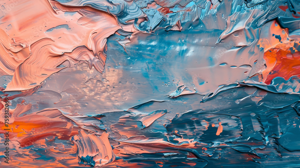 a photorealistic image of an expressive abstract painting with heavy impasto technique in a palette of sunset hues and cool tones