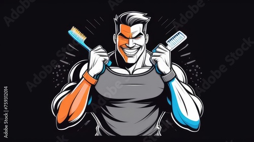 brutal man with a large toothbrush in a gray T-shirt on a black background. The concept of self-care, health and creativity photo