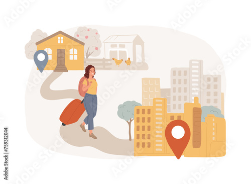 Migration from the countryside to the town isolated concept vector illustration. Migration from countryside, urban areas, country people, moving to cities, travel by car train vector concept.
