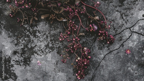 a close up of a bunch of flowers on a concrete surface with a plant growing out of the middle of it. photo