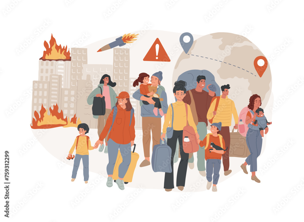 Forced migration isolated concept vector illustration. Movement of people, forced displacement, refugee group, run from war, travelling with bags, return home, displaced persons vector concept.