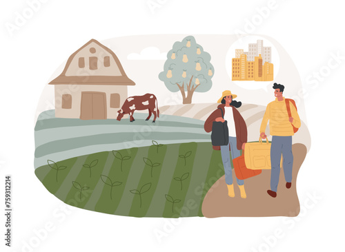 Rural migration isolated concept vector illustration. Rural-urban migration flows, people movement, agriculture development, population growth, moving to city, urbanization vector concept.