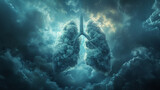 photorealistic portrayal of lungs amidst swirling fog detailed with a surreal vibe