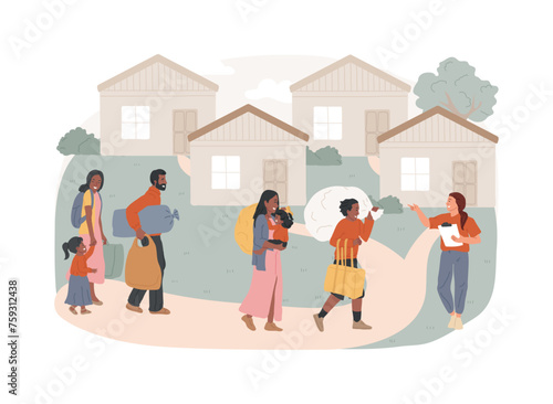 Resettlement of persons isolated concept vector illustration. Resettlement, refugee camp, displaced persons, movement of people, big crowd, bag and suitcases, new home vector concept.