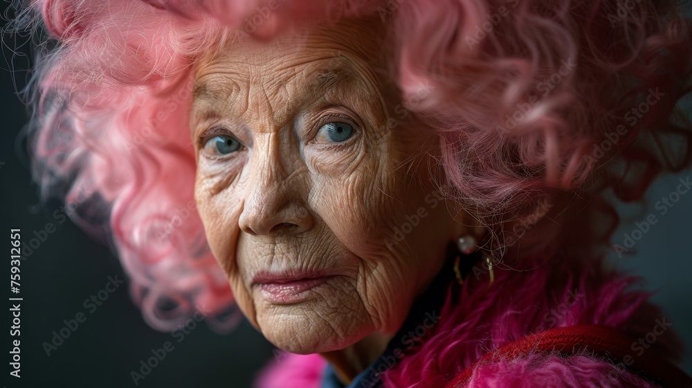 An older woman with pink hair and a fur coat. Generative AI.