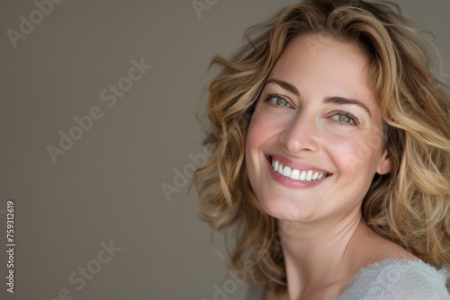 A woman with blonde hair and green eyes smiles for the camera