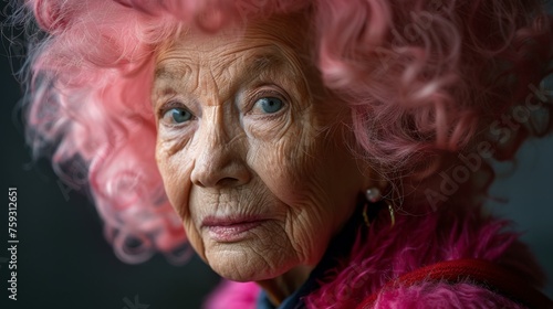 An older woman with pink hair and a fur coat. Generative AI. © Natalia