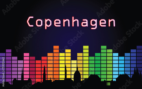 Black panorama of city of Copenhagen on multi colored music equalizer with white colored inscription of the name of the city on black background