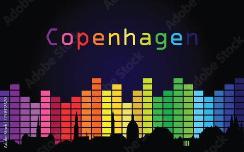 Black panorama of city of Copenhagen on multi colored music equalizer with multi colored inscription of the name of the city on black background