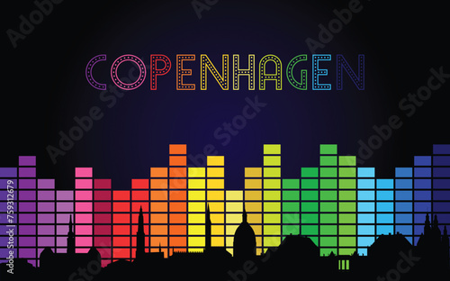 Black panorama of city of Copenhagen on multi colored music equalizer with multi colored inscription of the name of the city on black background