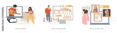 Stay home entertainment isolated concept vector illustration set. Virtual concert, online museum tour, virtual gallery tour, art therapy, leasure time, online education, live stream vector concept.