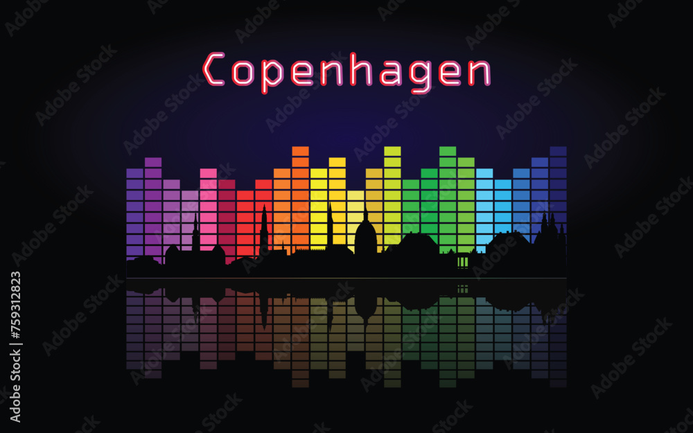 Black panorama of city of Copenhagen on multi colored music equalizer with reflection of city and music equalizer with white colored inscription of the name of the city on black background Black panorama of city of Copenhagen on multi colored music equalizer with reflection of city and music equalizer with white colored inscription of the name of the city on black background