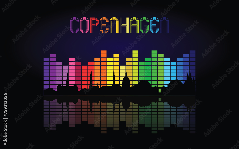 Black panorama of city of Copenhagen on multi colored music equalizer with  reflection of city and music equalizer with multi colored inscription of the name of the city on black background